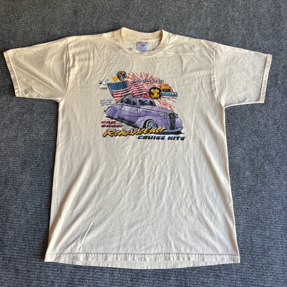 Jerzees Mens 2003 Rensselaer Cruise Nite Car Show Graphic T-Shirt Cream Large